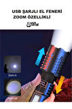 USB ŞARJLI EL FENERİ 5 FONKSİYONLU P50 LED -SMD LED ZOOMLU GÖSTERGE EKRANLI KAMP EV OFİS BALIKÇILIK
