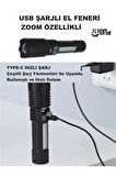 USB ŞARJLI EL FENERİ 5 FONKSİYONLU P50 LED -SMD LED ZOOMLU GÖSTERGE EKRANLI KAMP EV OFİS BALIKÇILIK