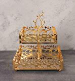 Çınar Dekoratif Kurabiyelik Sunumluk 2 Katlı Gold Renk Kare