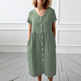 Barbora Keten Günlük Yazlık V yaka Kısa Kol Düğme Detaylı Kadın Elbise LN278haki14