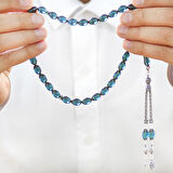 925 Ayar Gümüş Çift Püsküllü Arpa Kesim Turkuaz Ateş Kehribar Tesbih