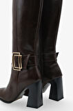 Kadın sivri Burun Yandan Fermuarlı Gold Kemer Tokalı Topuklu Çizme Slord Kahve