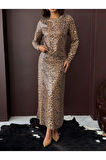 Leopar Desenli Pullu Gece Gündüz Şıklığı Kadın Uzun Etek