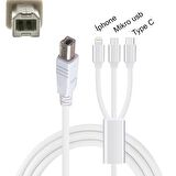 Pmr 3 in 1 Type c-Lightning- Micro usb to Type B Printer Kablosu