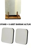 usin Ahşap 6lı Gümüş Bardak Altlık Standı + 6 Adet Metal Yüzey Ahşap Taban Türk Kahvesi Fincan Altlığı Çay Kupa Bardak Altlığı