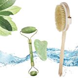BUFFER® Doğal At Kılı Selülit Karşıtı Ahşap Banyo Fırçası+2'li Yüz Masaj Aleti Yeşim Taşı Seti