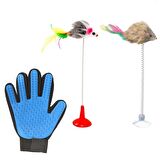 BUFFER® 2’li Tüylü Hareketli Çanlı Eğlenceli  Kedi Oyuncağı+ Tüy Toplayan Kedi Temizleme Eldiveni