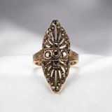 Bronz Takı Otantik Antrasit Renk Markazit Taşı Badem Model Ayarlanabilir Vintage Kadın Yüzük