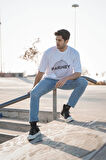 Dünya Desenli Beyaz Unisex %100 Pamuk Bisiklet Yaka Yarım Kollu Oversize T-shirt