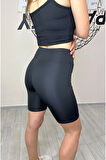 Siyah Yüksek Bel Toparlayıcı Kısa Şort Tayt Spor