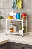 Banyo-Mutfak Toparlayıcı Düzenleyici Organizer 2 Katlı Geniş Metal Beyaz Bambu Tezgah Üstü Raf 