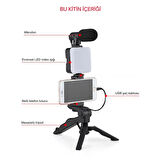 ShopyTech 5i 1 Arada Mikrofonlu LED Işıklı Vlog Kiti Tabanca Tutuşlu Masaüstü Tripod & Selfie Stick|Telefon/Kamera Uyumlu