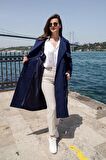Pastelastore %100 Pamuk Gabardin Uzun (110cm) Astarlı Kemerli Kadın Trençkot 1111