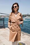 Pastelastore %100 Pamuk Gabardin Midi (95cm) Astarlı Kemerli Kadın Trençkot 1113