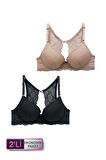 2'li Ekonomik Paket Nude Siyah 6808 Rome Yarı Destekli Sırt Detay Dantelli Sütyen Set