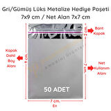 7x9 cm Gümüş Renk Bantlı Lüks Metalize Hediyelik Poşet (50 Adet)