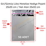 25x35 cm Gümüş Renk Bantlı Lüks Metalize Hediyelik Poşet (50 Adet)