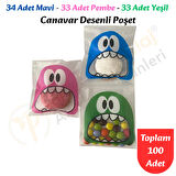 100 Adet Mavi-Pembe-Yeşil Renkli Canavar Desenli Cake Pop & Kurabiye Poşeti-10x15 cm
