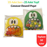 50 Adet Sarı-Yeşil Renkli Canavar Desenli Cake Pop & Kurabiye Poşeti-10x15 cm