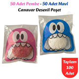 100 Adet Pembe-Mavi Renkli Canavar Desenli Cake Pop & Kurabiye Poşeti-10x15 cm
