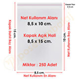 8,5x10+5 cm.(8,5x15) 250 Adet Şeffaf Bantlı Yapışkanlı OPP Poşet
