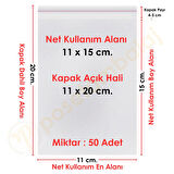 11x15+5 cm.(11x20) 50 Adet Şeffaf Bantlı Yapışkanlı OPP Poşet