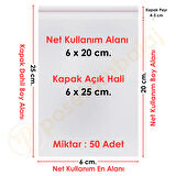 6x20+5 cm.(6x25) 50 Adet Şeffaf Bantlı Yapışkanlı OPP Poşet