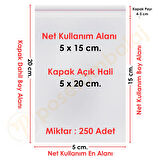 5x15+5 cm.(5x20) 250 Adet Şeffaf Bantlı Yapışkanlı OPP Poşet