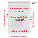 11x20+5 cm.(11x25) 50 Adet Şeffaf Bantlı Yapışkanlı OPP Poşet