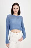 DeFacto Regular Fit Bisiklet Yaka Kroşe Ajurlu Delikli Crop Triko Kazak T4513AZ24AUBE113