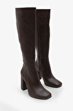 Kadın Fermuarlı Kalın Ökçe Topuklu Çizme İslor Kahve