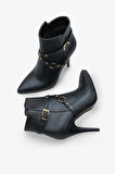 Kadın Kemerli Yandan Fermuarlı Sivri Burun Günlük Topuklu bot Tery Siyah