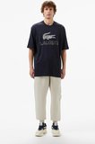 Lacoste Men's Loose Fit Navy Tshirt Pamuklu Geniş Kalıp Reflektörlü Bisiklet Yaka Baskılı Erkek Tişört Lacivert