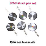 Safirim Çelik Sos Tavası Seti 20 cm Ebatlı büyük boy 430 kalite Çelik Sos Tavası 6 adet Çelik Sosluk