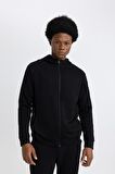 DeFactoFit Slim Fit Dar Kesim Kapüşonlu Skuba Dalgıç Kumaş Fermuarlı Sporcu Sweatshirt A6956AX24SPBK81