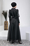 Kemerli Siyah Tesettür Abiye Elbise