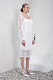 Kare Yaka  Uzun Kollu Dantelli Midi Boy Beyaz Abiye Elbise