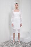 Kare Yaka  Uzun Kollu Dantelli Midi Boy Beyaz Abiye Elbise