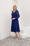 Kare Yaka Büyük Beden Mavi Abiye Elbise 