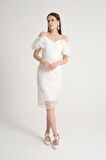 Straplez Beyaz Kolları Fırfırlı Dantelli Abiye Elbise