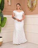 Dantelli Kolları Boncuk İşlemeli Beyaz Abiye