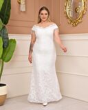 Dantelli Kolları Boncuk İşlemeli Beyaz Abiye