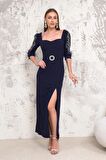 Kolları İncili Lacivert Kalem Abiye Elbise