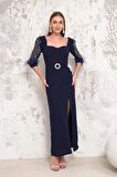 Kolları İncili Lacivert Kalem Abiye Elbise