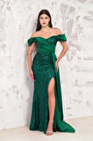 Saten Payet Detaylı Yeşil Uzun Abiye Elbise