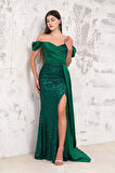 Saten Payet Detaylı Yeşil Uzun Abiye Elbise