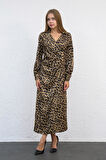 Önü Düğmeli Leopar Desen Elbise