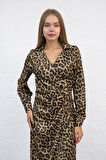 Önü Düğmeli Leopar Desen Elbise