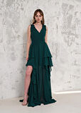 Askılı Eteği Volanlı Yeşil Uzun Şifon Abiye