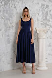 Askılı Lacivert Saten Abiye